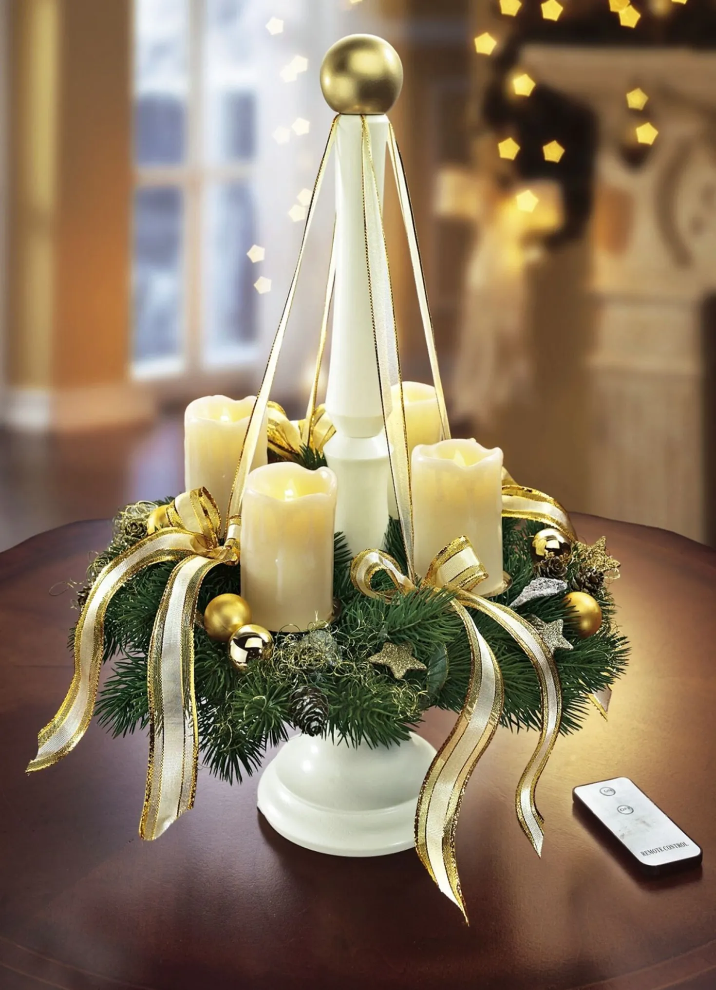 Adventskranz mit LED-Echtwachskerzen und Holzständer