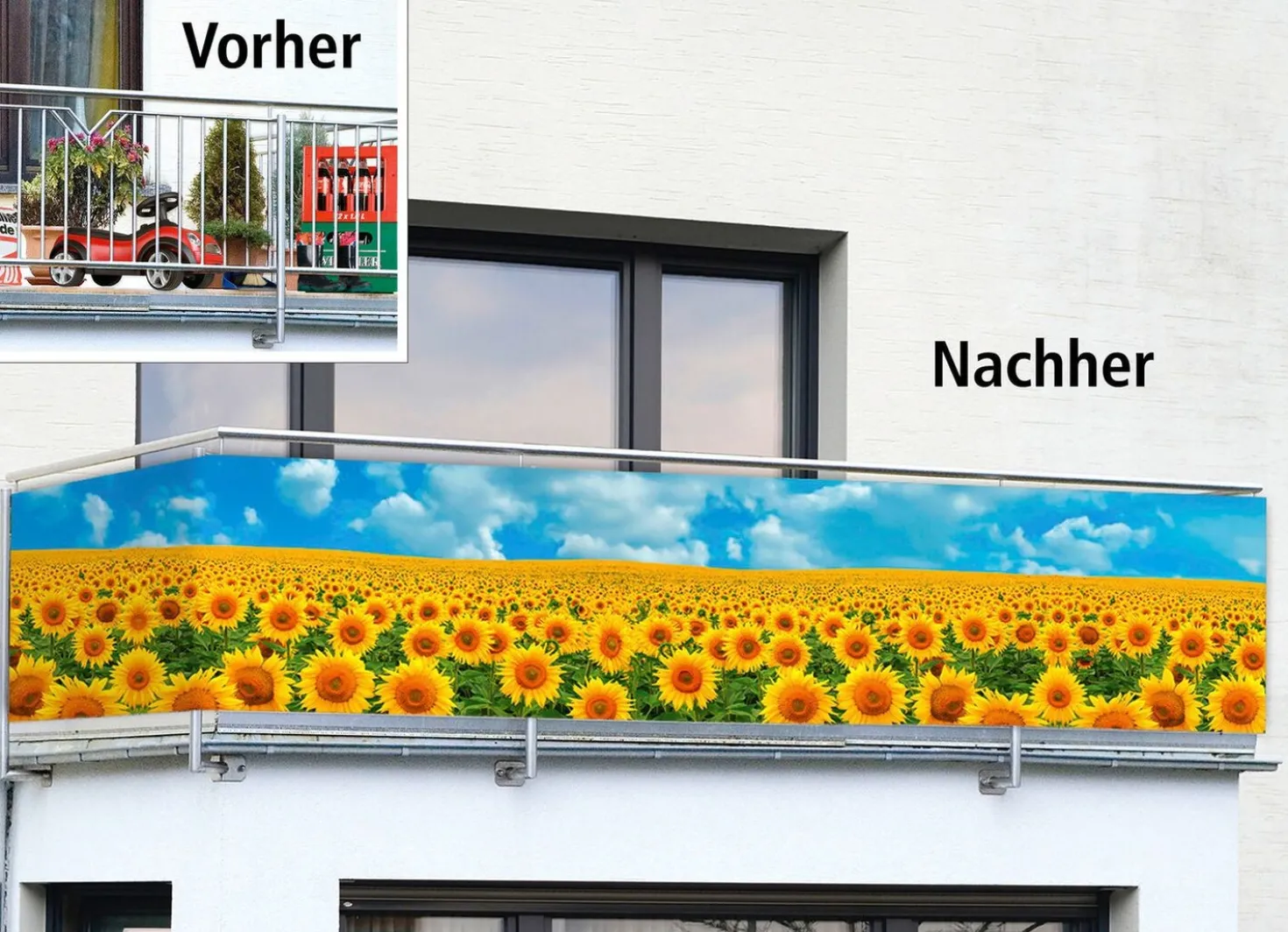 Balkonsichtschutz mit Sonnenblumen-Motiv
