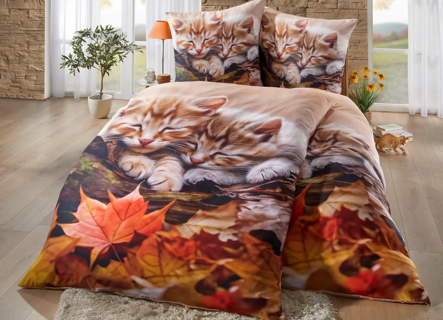 Bettwäsche-Garnitur mit Kätzchen im Herbstlaub-Motiv