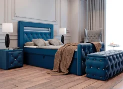 Boxspringbett mit LED-Beleuchtung, Topper und Nachttisch