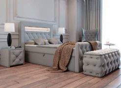Boxspringbett mit LED-Beleuchtung, Topper und Nachttisch