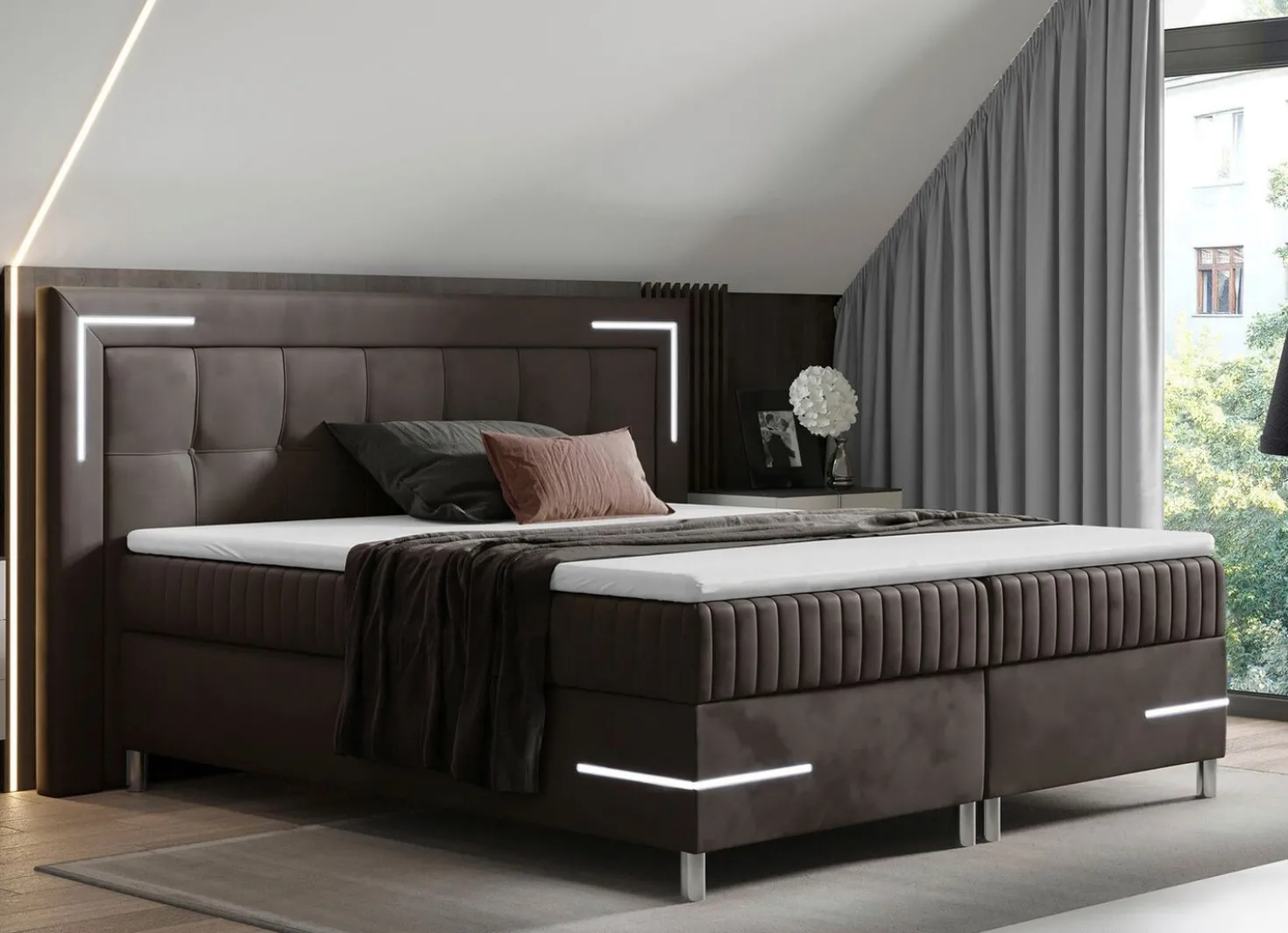 Boxspringbett mit LED-Beleuchtung und Topper