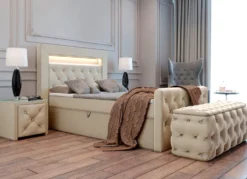 Boxspringbett mit LED-Beleuchtung, Topper und Nachttisch