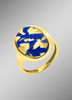 Damenring mit echt Lapislazuli und Bergkristall mit Blattgold-Triplette