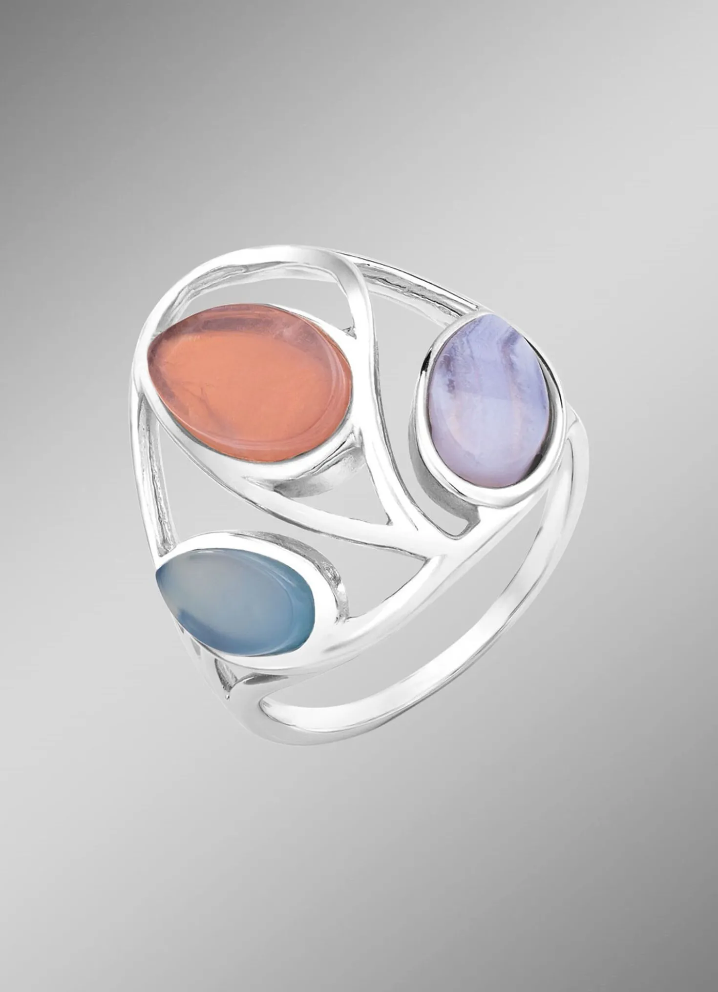 Damenring mit echt Rosenquarz, Aqua-Achat und Streifenachat