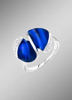 Damenring mit synth. Zirkonia und Emaille in Blau