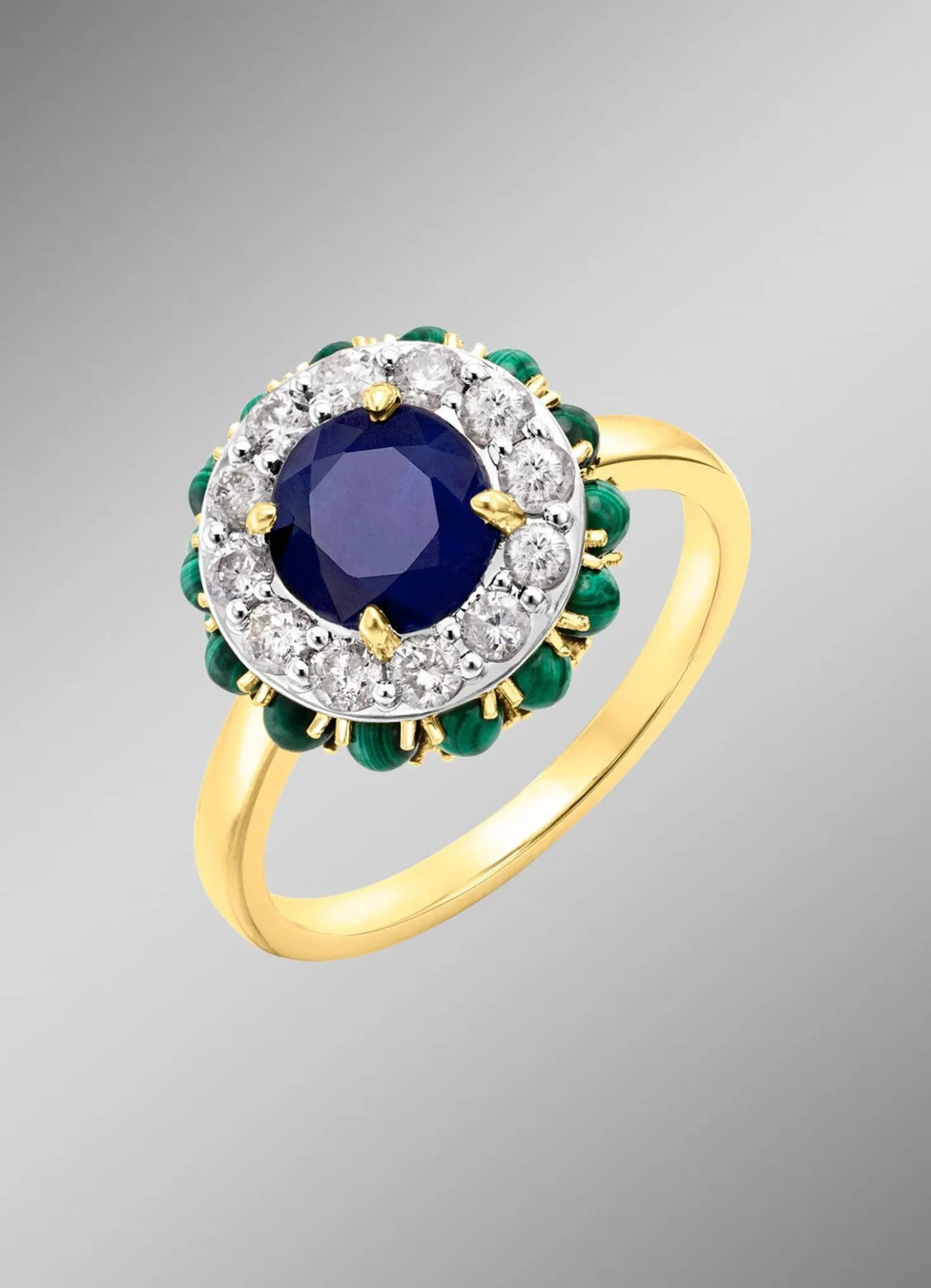 Eleganter Damenring mit echt Safir und echt Malachit