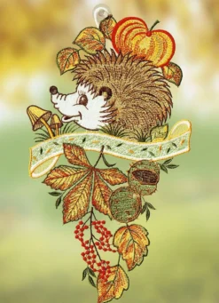 Fensterbild Herbst-Igel aus echter Plauener Spitze
