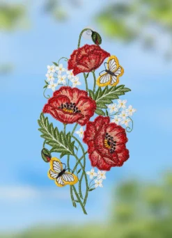 Fensterbild mit Mohnblumen-Motiv aus Plauener Spitze