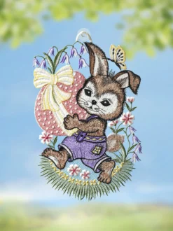 Fensterbild Osterhase mit Ei aus Plauener Spitze