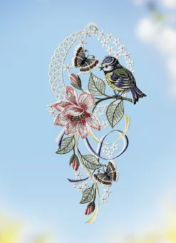 Fensterbild Vöglein mit Schmetterling