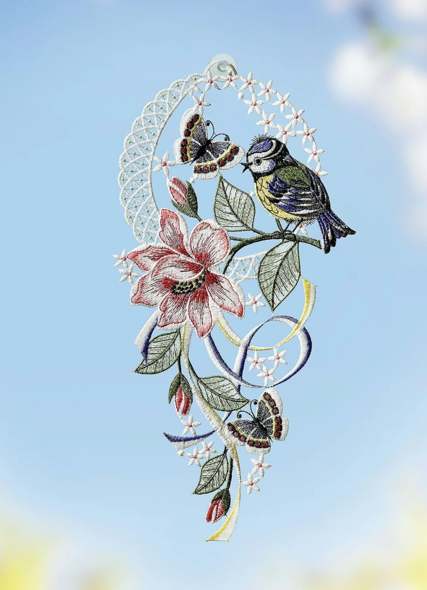 Fensterbild Vöglein mit Schmetterling