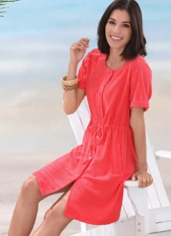 Frottier-Kleid mit durchgehender Knopfleiste