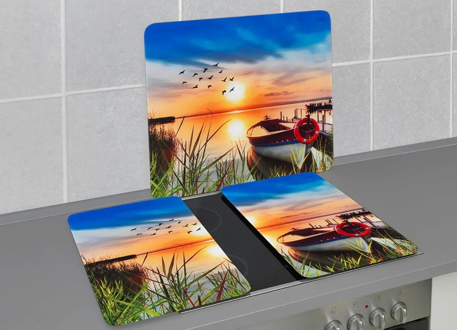 Herdabdeckplatten oder Wandblende aus Glas, Motiv Idylle am See