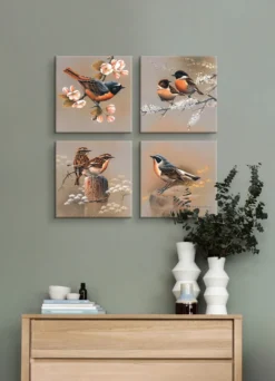 Hochwertiges Bilder-Set mit Vogelszenen, 4-teilig