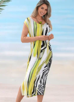 Kleid mit überschnittenen Ärmeln und farbbrillantem Druckdessin