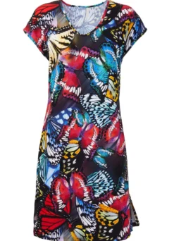 Kleid mit farbbrillantem Druckdessin und überschnittenen Ärmeln
