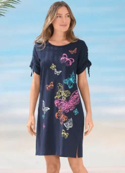 Kleid mit platziertem Druckdessin und raffbaren Ärmeln