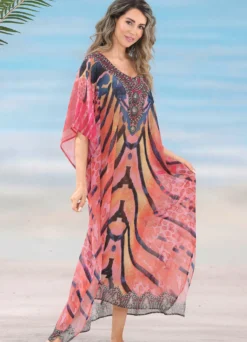 Laurina Kaftan mit Schmucksteinchen, leicht transparent
