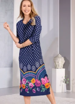 Laurina Nachthemd mit Bordürendruck und 3/4-langen Ärmeln