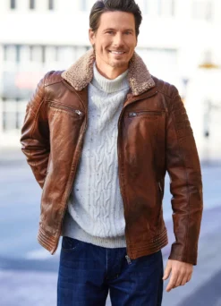 Lederkurzjacke mit Webpelzbesatz