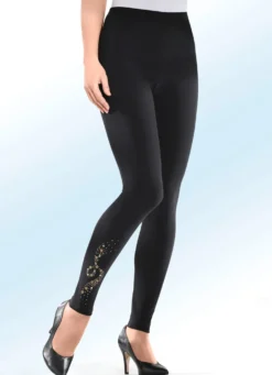 Leggings mit dekorativem goldfarbenem Strass- und Metallplättchen-Ziermotiv