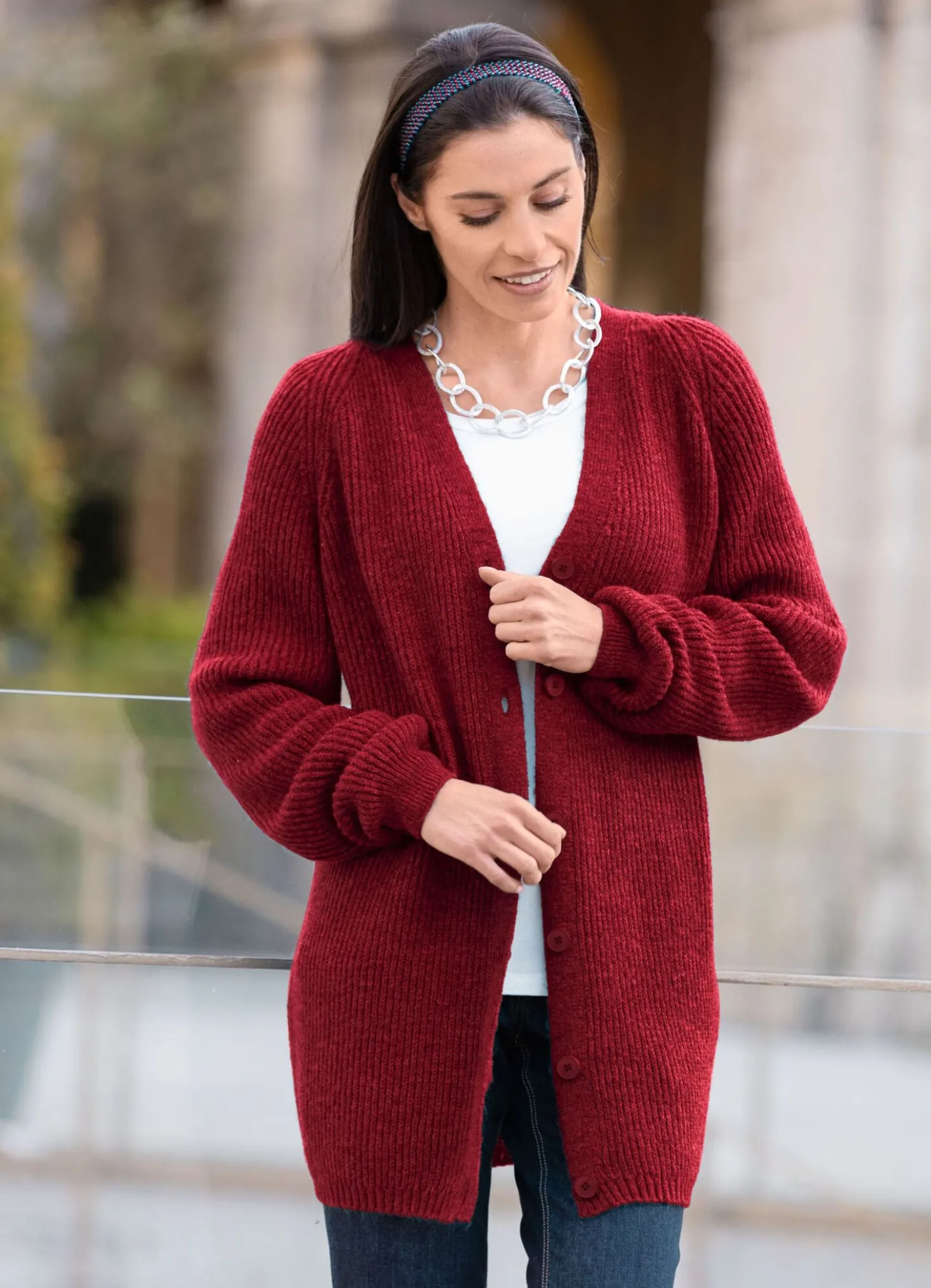 Long-Strickjacke in Perlfang