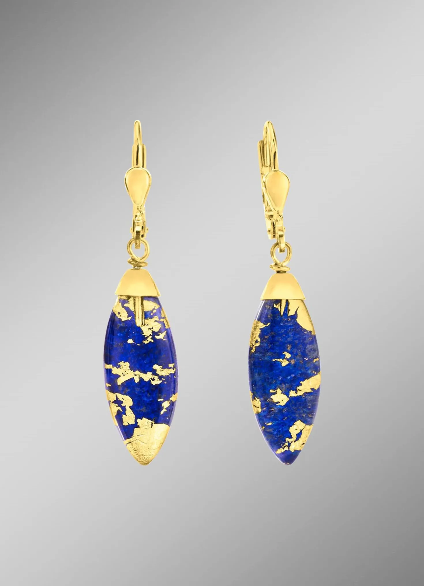 Ohrringe mit echt Lapislazuli und Bergkristall mit Blattgold-Triplette