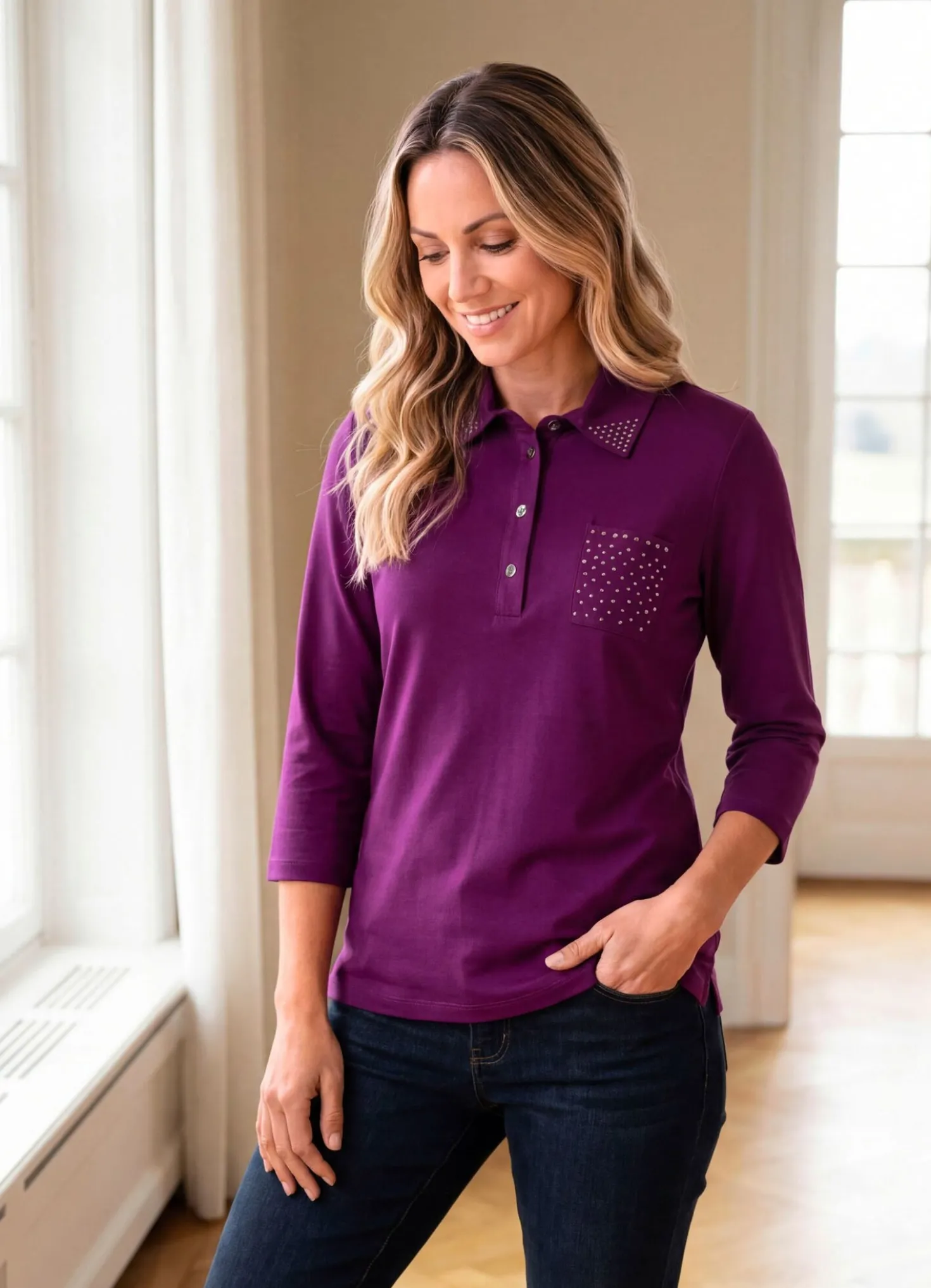 Poloshirt mit Strasszier am Kragen