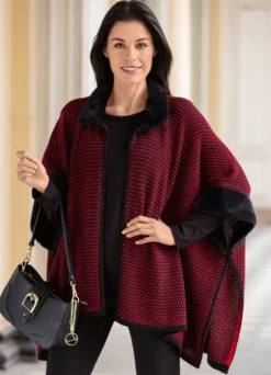 Poncho mit Kunstpelzbesätzen