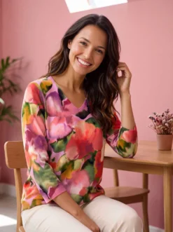 Pullover in floralem Feinstrick
