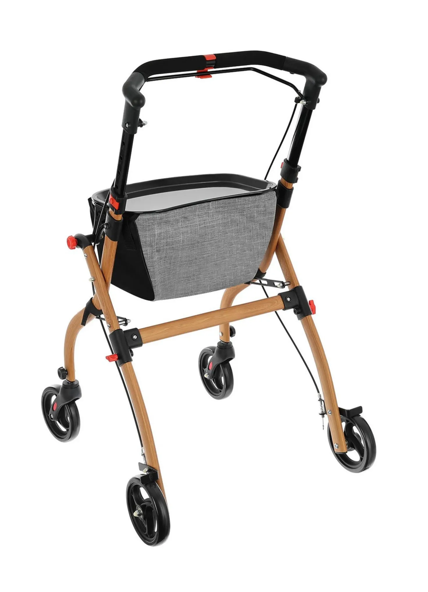 Rollator mit Einkaufstasche und Tablett