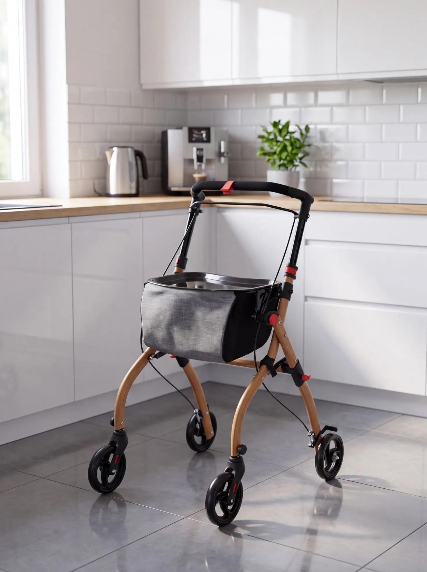 Rollator mit Einkaufstasche und Tablett