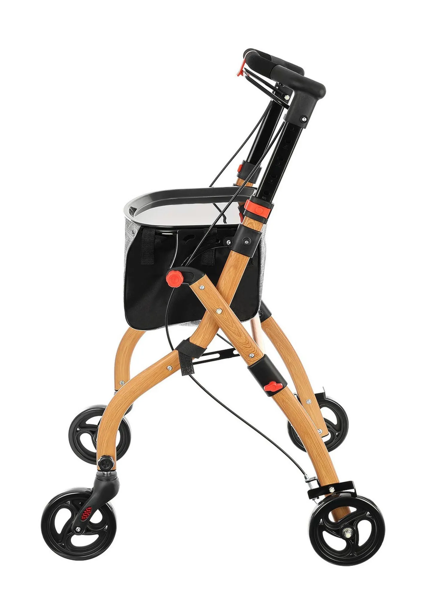 Rollator mit Einkaufstasche und Tablett