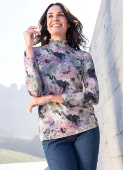 Shirt mit gesmoktem Stehkragen