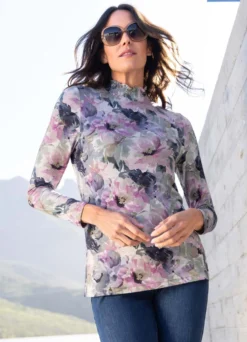 Shirt mit gesmoktem Stehkragen