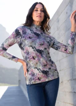 Shirt mit gesmoktem Stehkragen