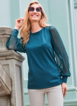 Shirt mit langen, plissierten Chiffonärmeln