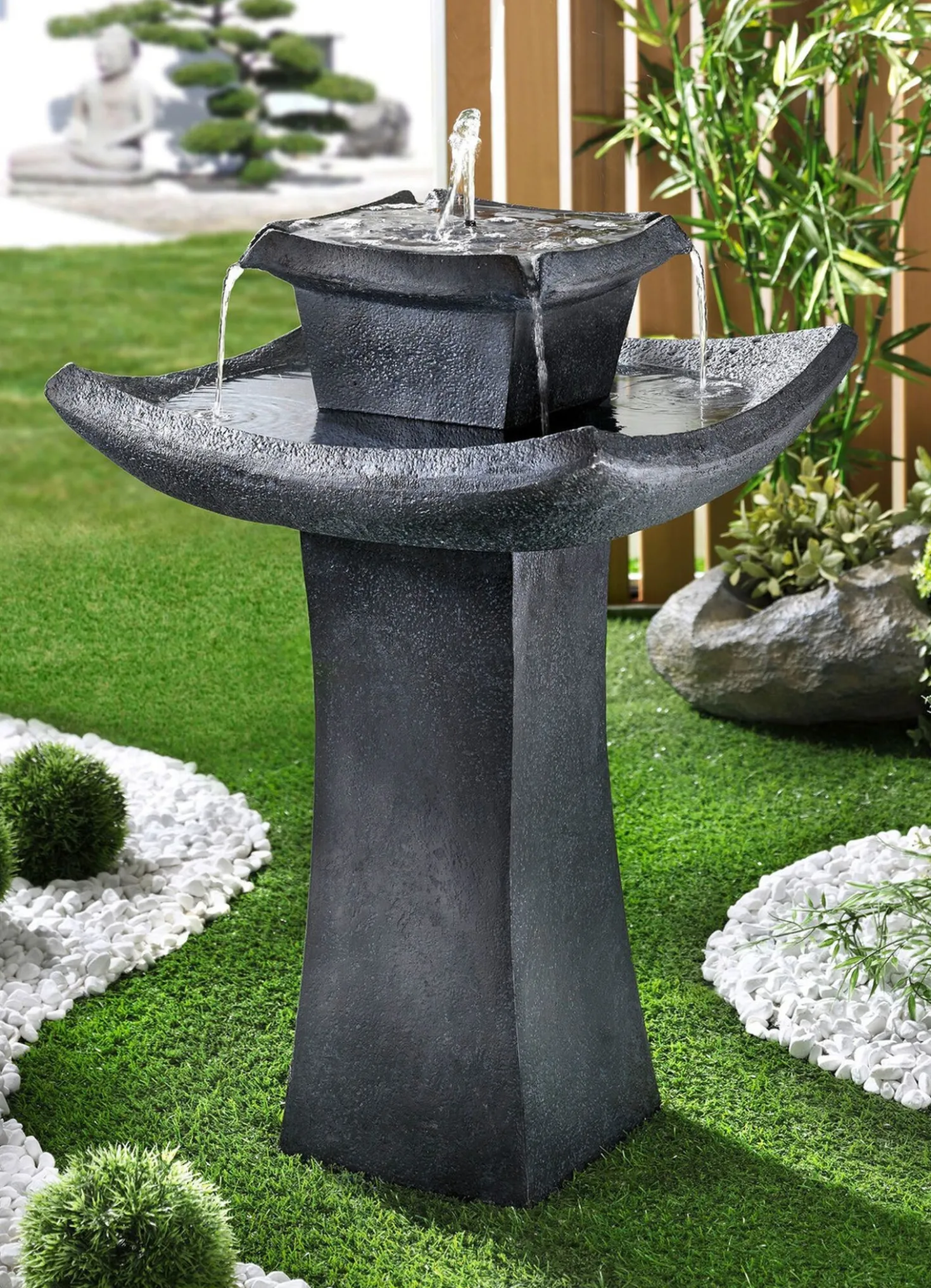 Solarbrunnen Pagode in täuschend echter Steinoptik