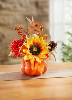 Sonnenblumen-Gesteck im Kürbis-Topf