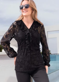 Spitzenshirt mit Volant-Besatz