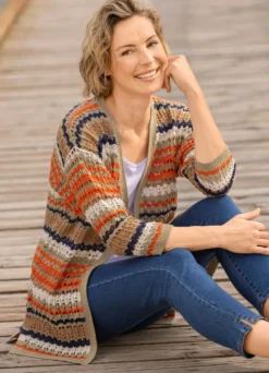 Strickjacke mit Ajourmuster in Streifenoptik