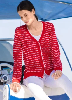 Strickjacke mit feinen Ringeln und Ajourrauten