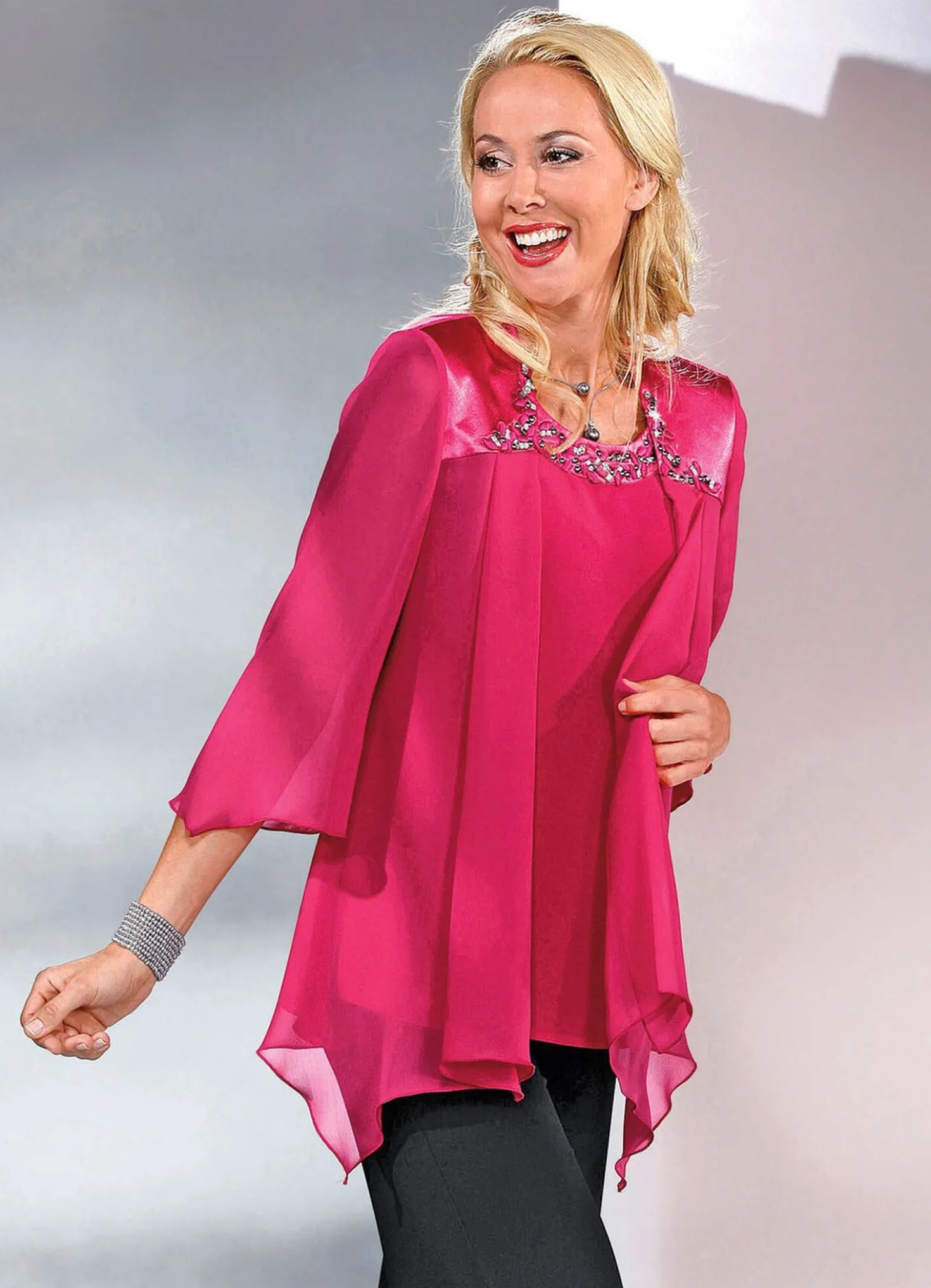2-teiliges Blusen-Set mit glänzendem Satin-Besatz