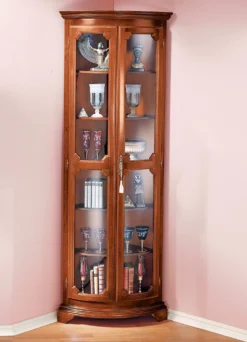 Teilmassive Eckvitrine mit gebogenen Glastüren mit Schloss