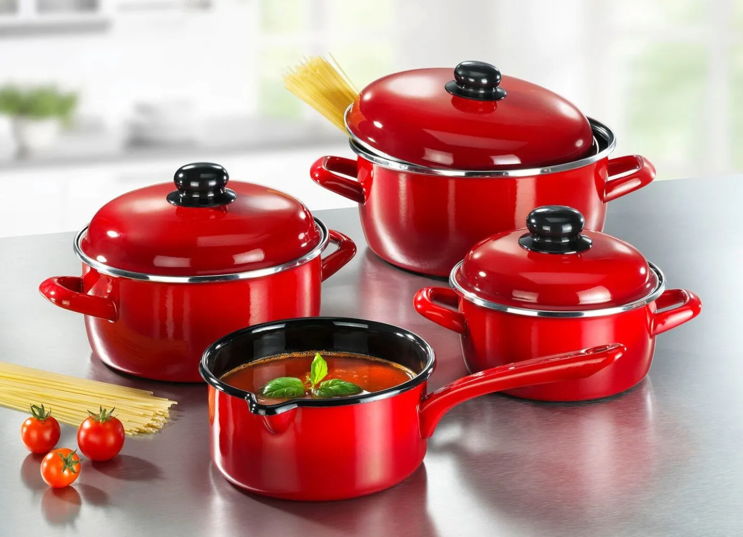 Topf-Set, 7-teilig, aus widerstandsfähigem Stahl-Emaille von GSW