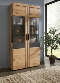 Vitrine mit anthrazitfarbenen Elementen