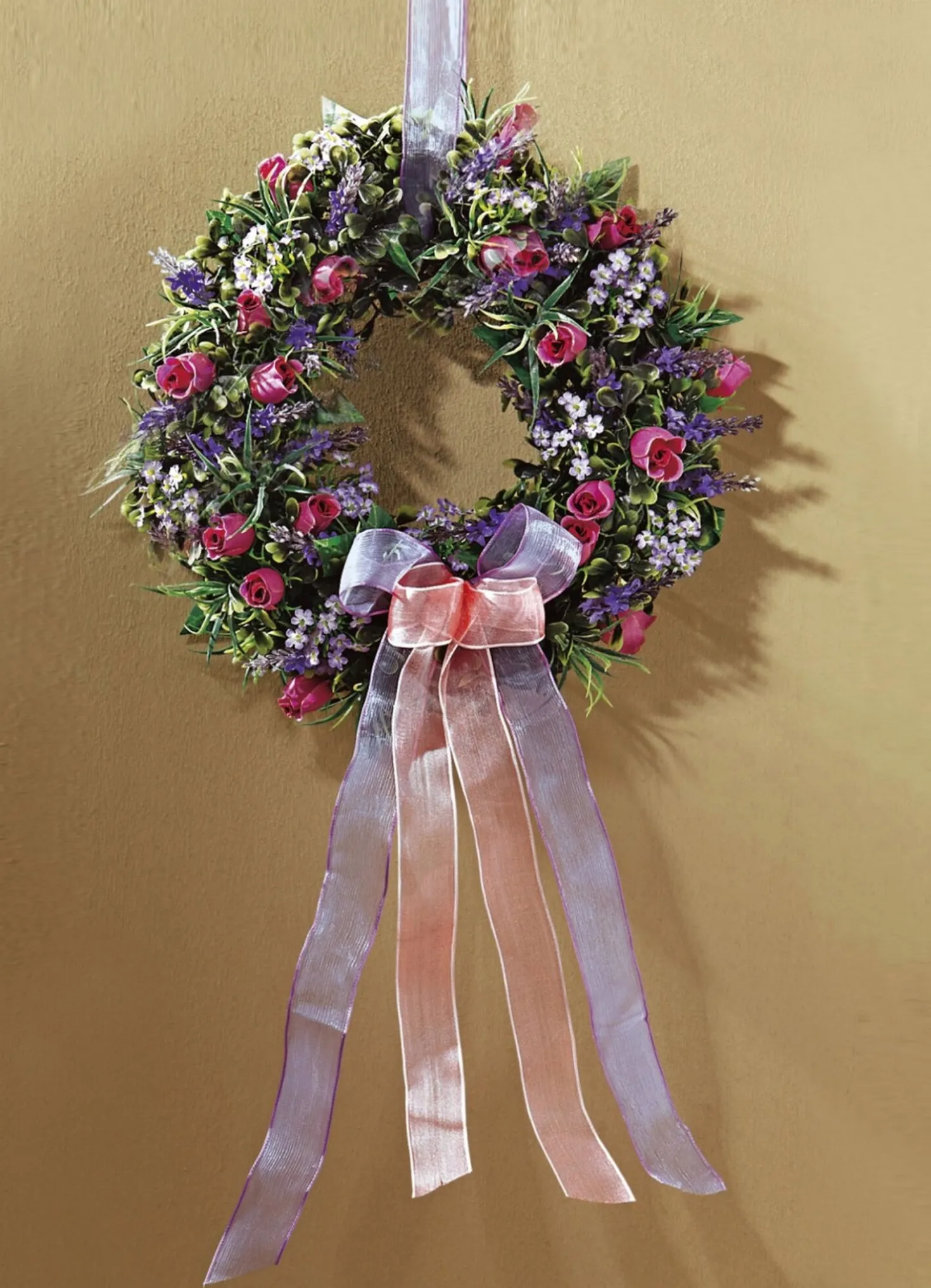 Wandkranz mit Rosen, Vergissmeinnicht und Lavendel